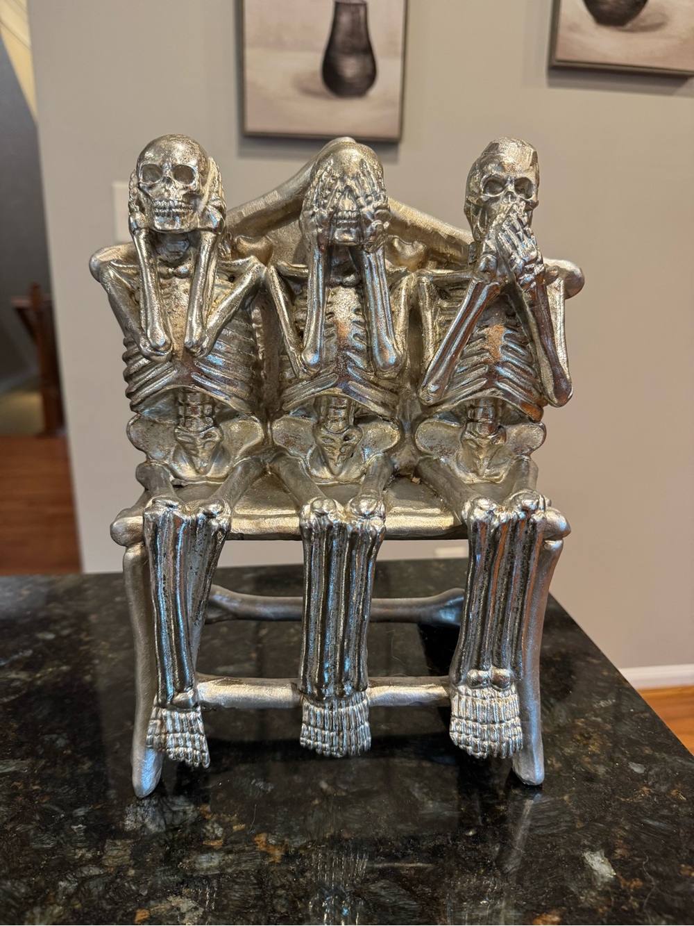 Skeleton Hear Speak See No Evil On Bench Heavy Halloween Decor NEW